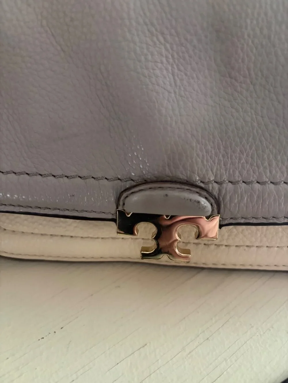 Tory Burch Fold-Over Sammy Multi-Colored Leather Crossbody Bag Gray Cream
